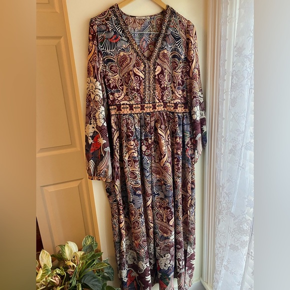 Bohemian Beaded Paisley Maxi Dress Long Sleeve Indian Boho Festival Size Medium - Picture 1 of 6